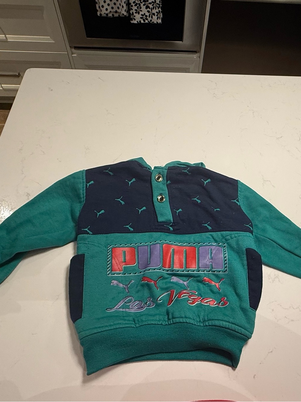 1990s Puma Kids' Teal & Navy Pullover Hoodie with Colorblock